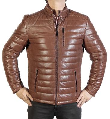 Mens Tan Quilted Puffa Style Leather Jacket - SL11318